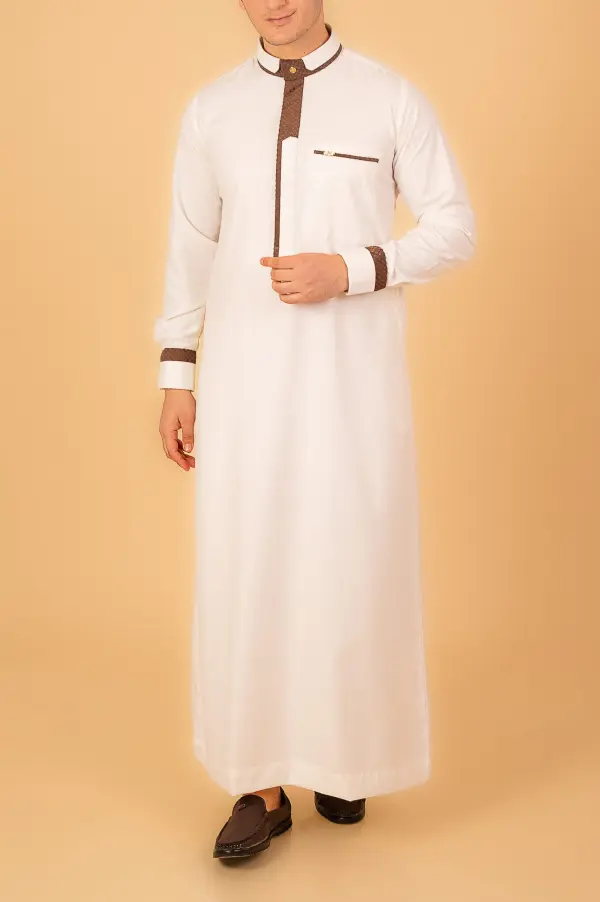 Men’s White Designer Thobe with Brown Contrast Piping – Premium Saudi Collar Kandura