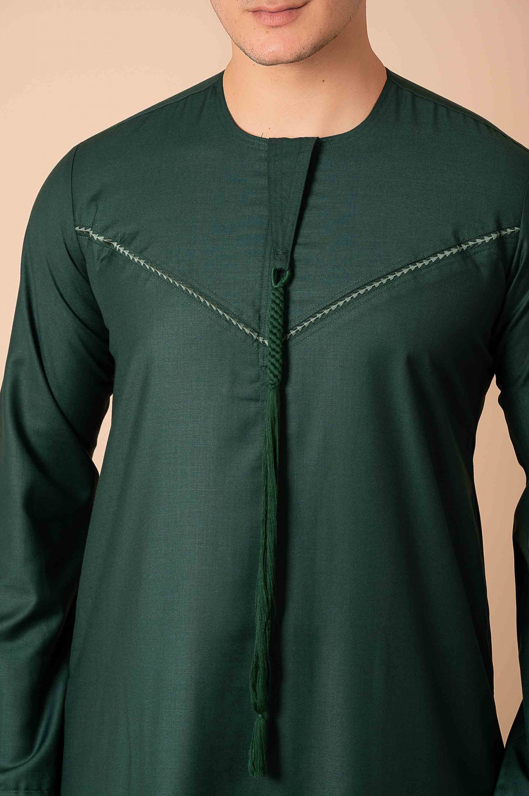 Premium Deep Emerald Green Emirati Tassel Thobe for Men – Light Sage Braided Front Kandura - Image 9 - Ruby Online
