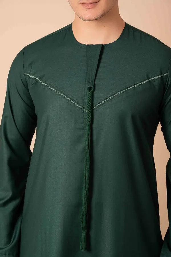 Premium Deep Emerald Green Emirati Tassel Thobe for Men – Light Sage Braided Front Kandura - Image 4 - Ruby Online
