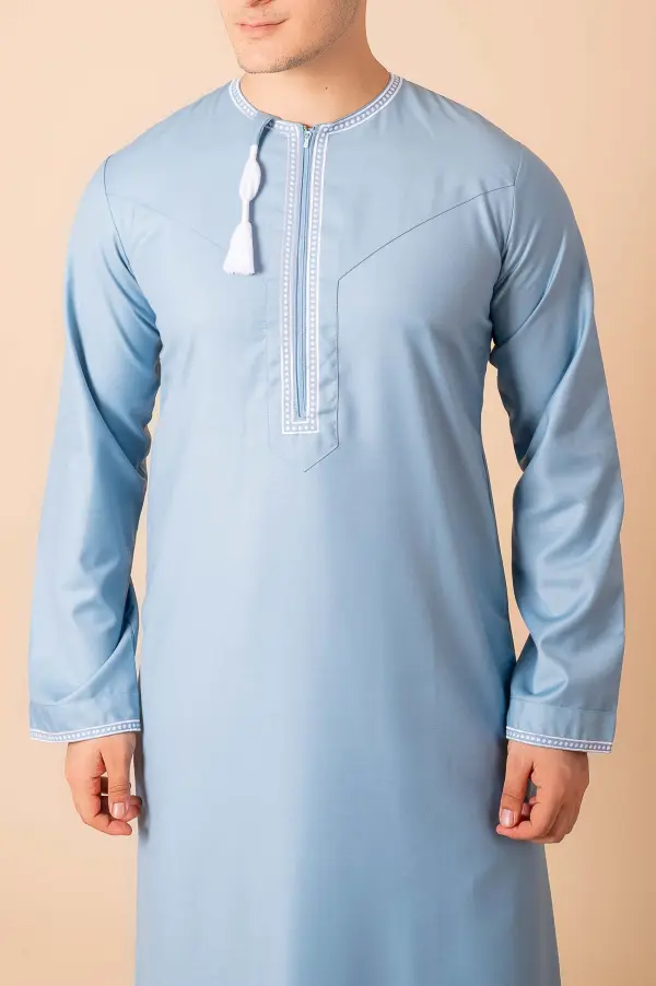 Light Sky Blue Omani Thobe with White Loop Embroidery & Tassel - Image 4 - Ruby Online