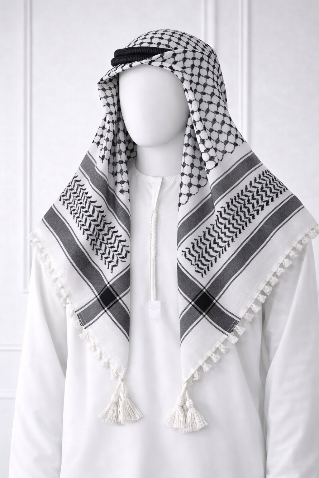 Classic White & Black Keffiyeh Shemagh Scarf with Tassels – Traditional Arabic Headscarf - Image 4 - Ruby Online