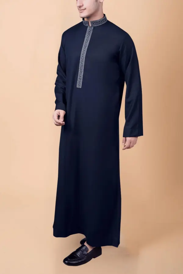 Navy Blue Men’s Thobe with Silver Geometric Embroidery Strip - Image 3 - Ruby Online