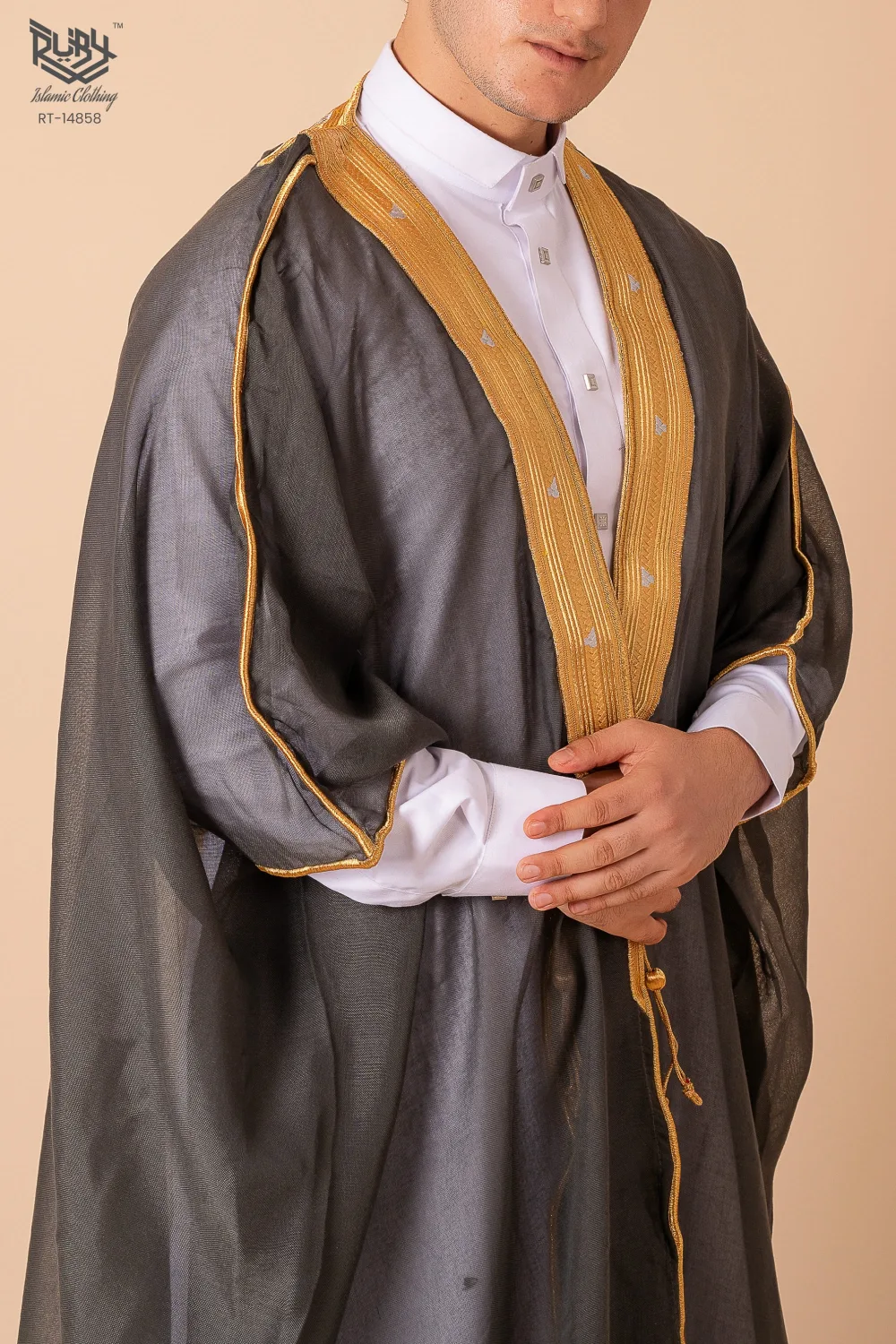 Luxury Dark Grey Arabic Bisht for Men with Gold Zari Edge Embroidery – Premium Lightweight Open-Front Cloak - Image 4 - Ruby Online
