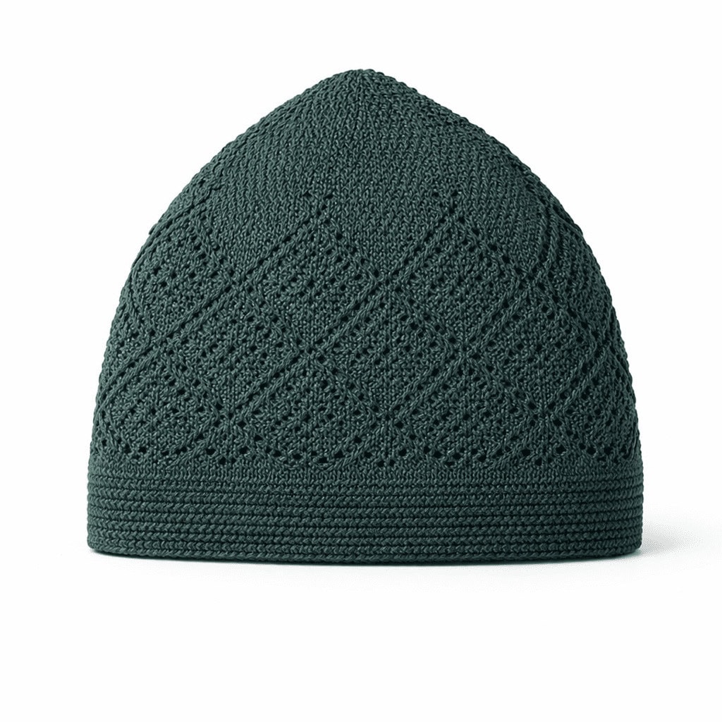 Premium Dark Green Knitted Kufi Prayer Cap for Men – Breathable Geometric Openwork Islamic Skull Cap - Image 3 - Ruby Online