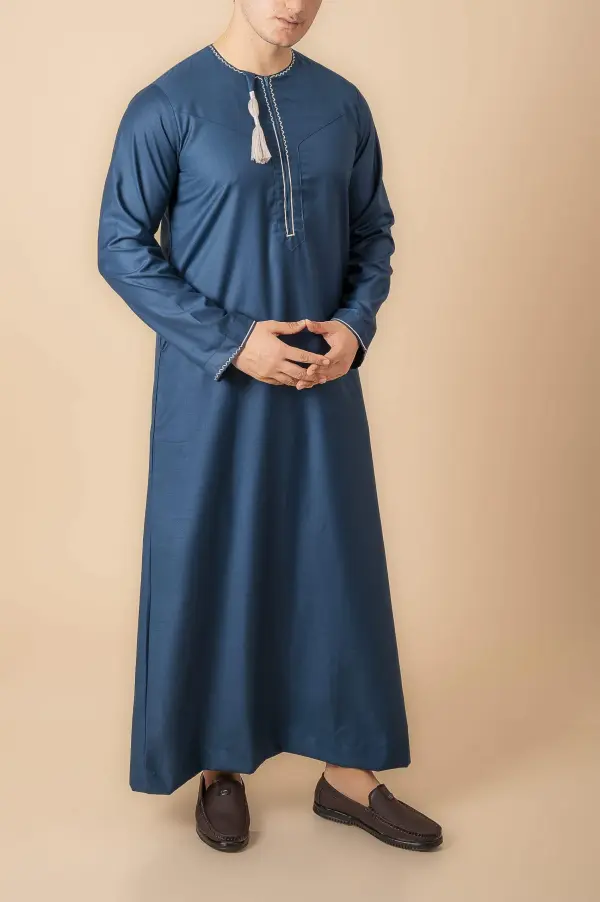 Teal Blue Omani Thobe with White Geometric Embroidery & Tassel - Image 3 - Ruby Online