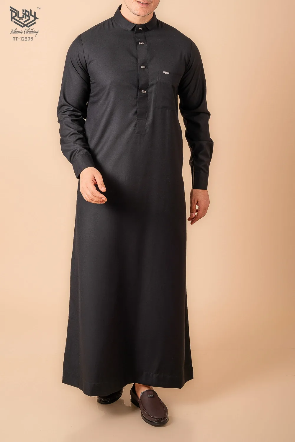 Luxury Deep Black Designer Thobe for Men with Gunmetal Button Placket & Modern Band Collar