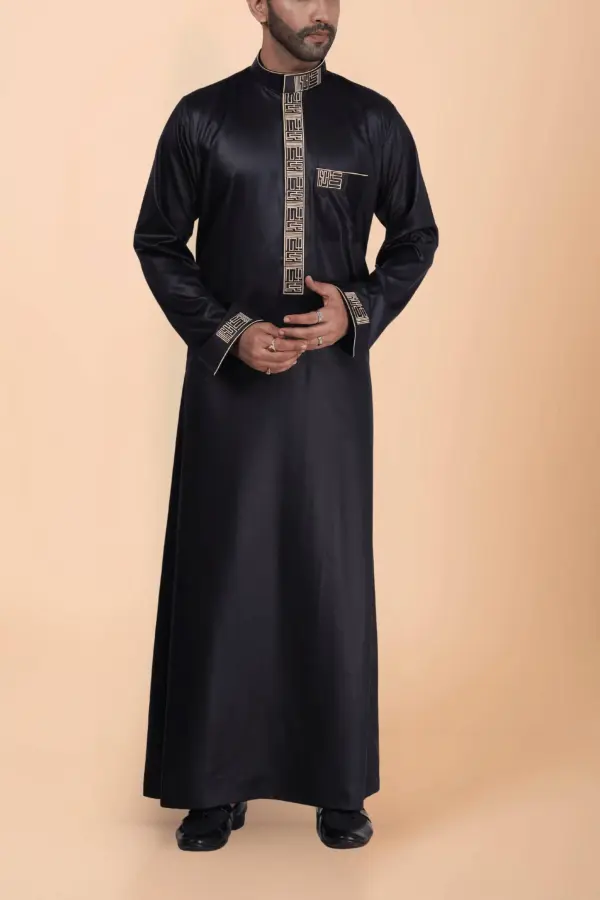 Luxury Black Designer Thobe for Men with Gold Geometric Embroidery - Image 2 - Ruby Online