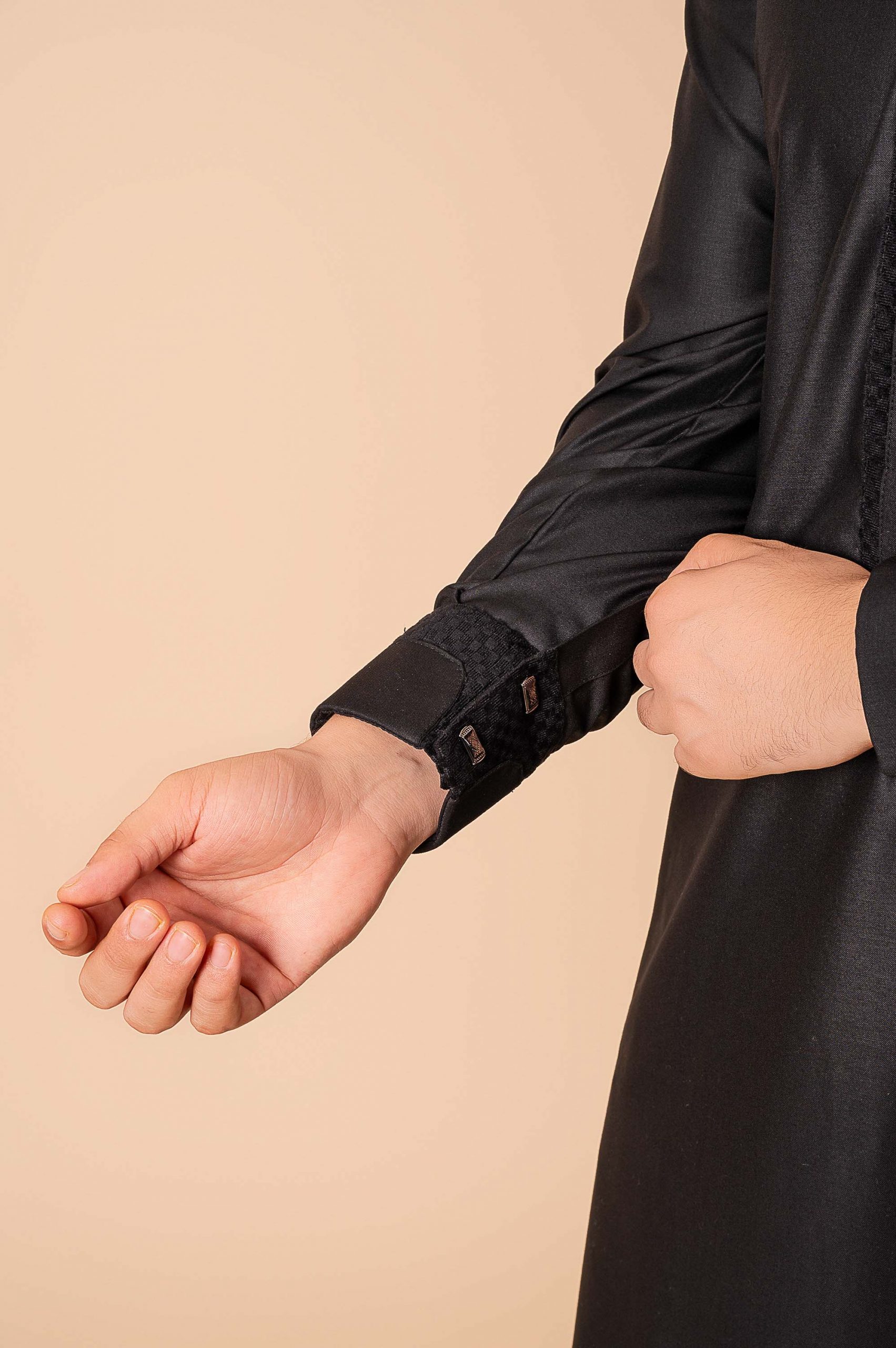 Premium Jet Black Designer Thobe for Men with Textured Trim Placket & Modern Band Collar - Image 10 - Ruby Online