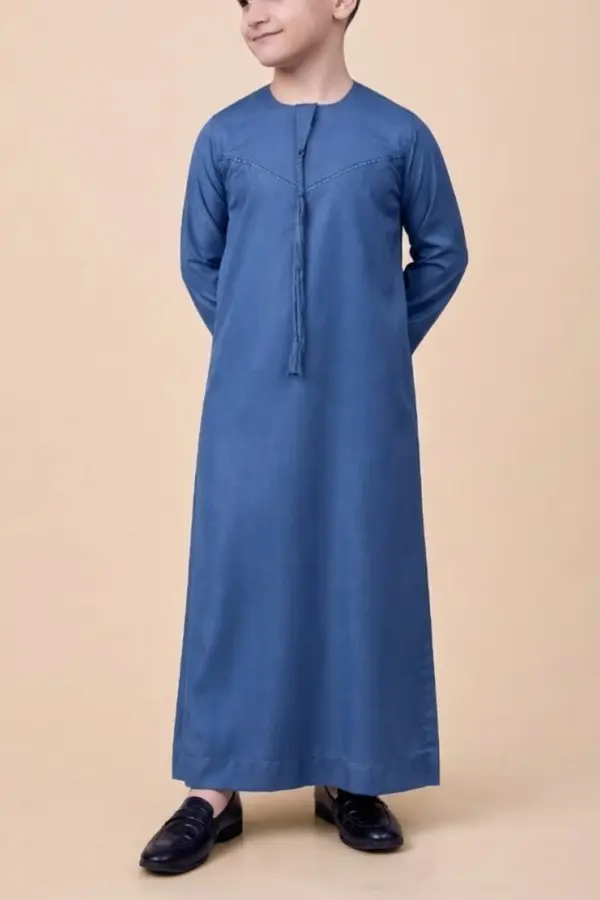 Premium Denim Blue Emirati Kids Thobe with V-Stitch Panel & Tassel Detail - Image 2 - Ruby Online