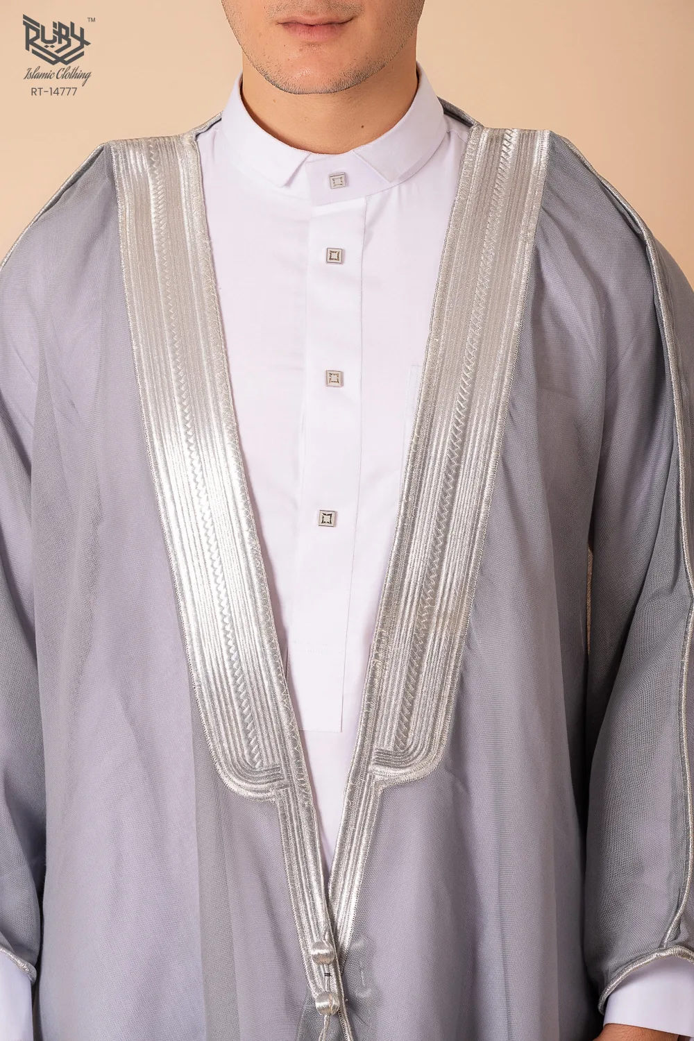 Elegant Grey Arabic Bisht for Men with Silver Zari Edge Embroidery – Premium Lightweight Open-Front Cloak - Image 5 - Ruby Online