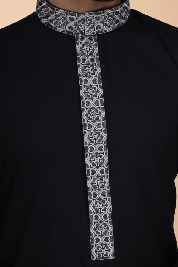 Black Thobe with Grey Geometric Embroidery Strip & Band Collar - Image 2 - Ruby Online