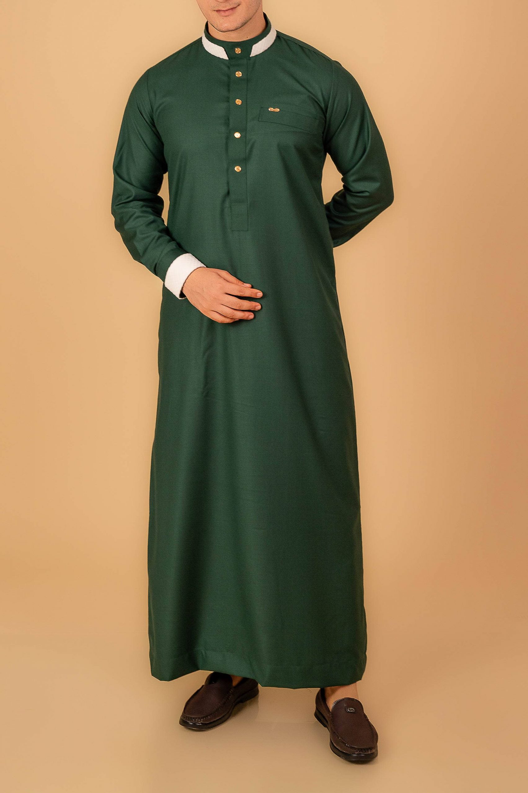 Premium Emerald Green Designer Thobe for Men with White Contrast Collar & Gold Button Detailing - Image 6 - Ruby Online