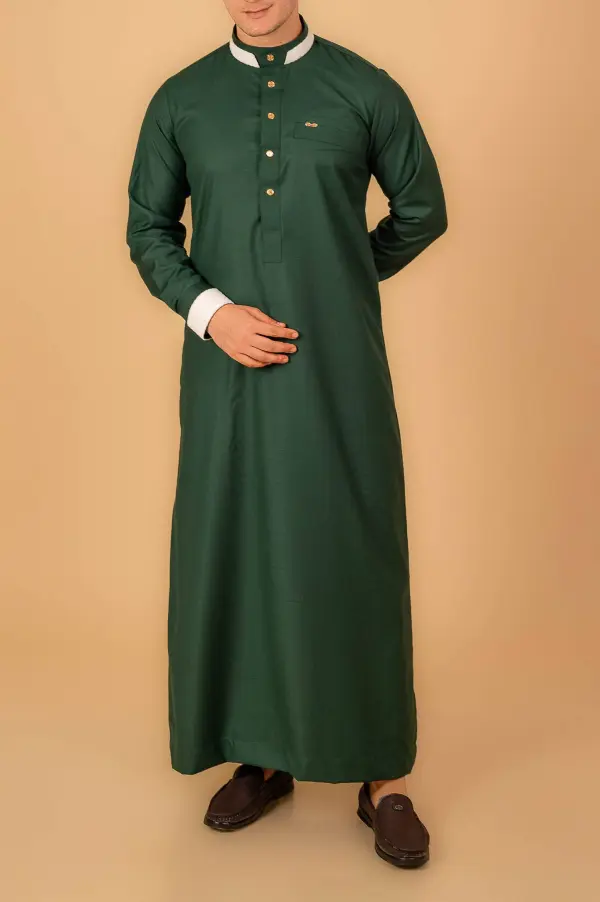 Premium Emerald Green Designer Thobe for Men with White Contrast Collar & Gold Button Detailing