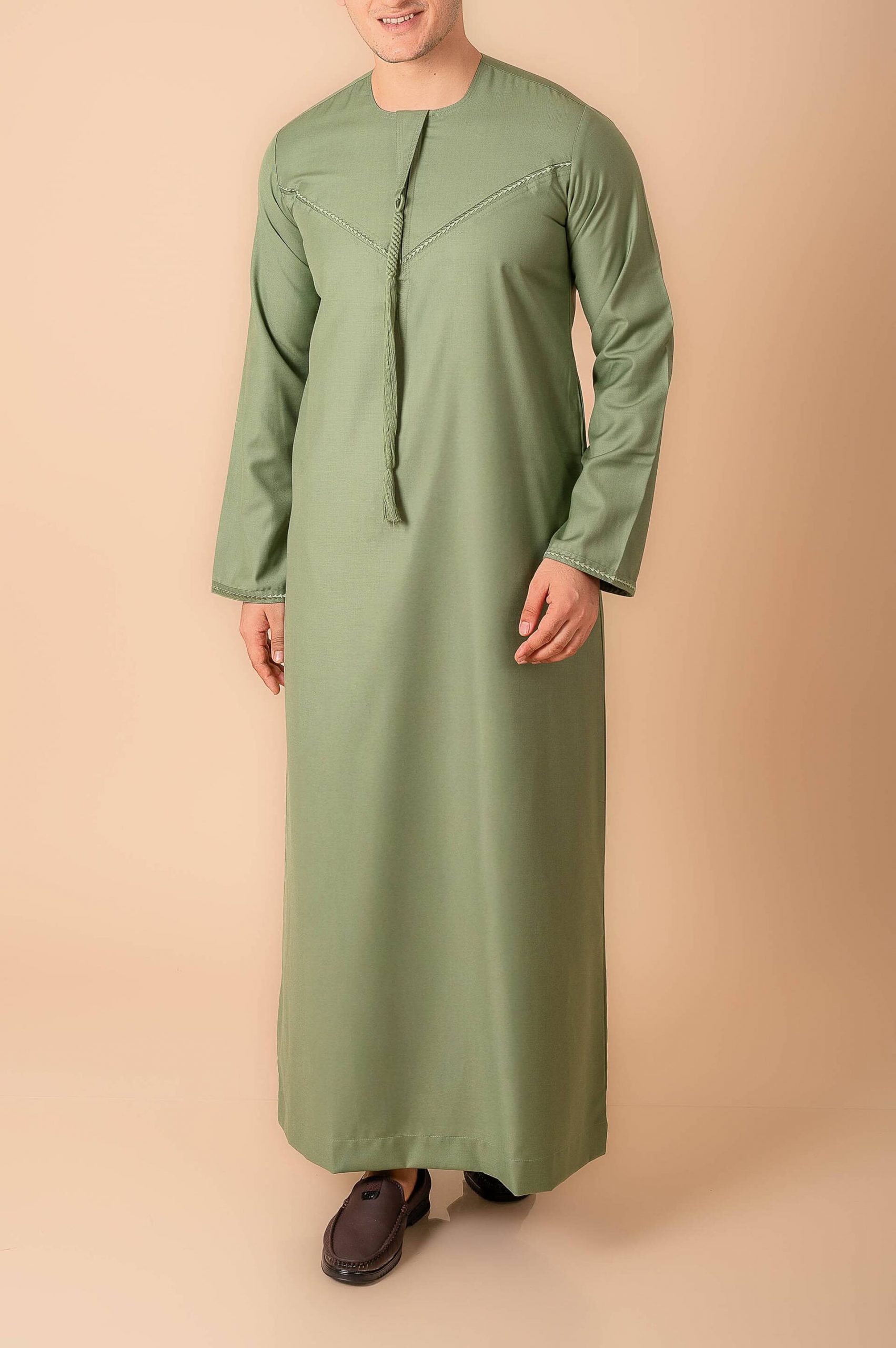 Premium Sage Green Emirati Tassel Thobe for Men – Light Grey Braided Front Kandura Design - Image 3 - Ruby Online
