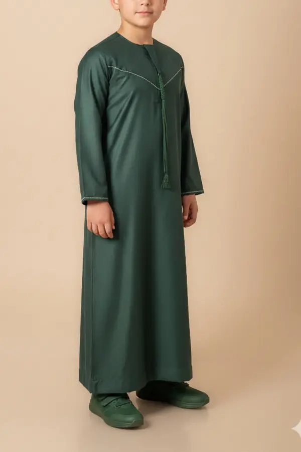 Premium Forest Green Emirati Kids Thobe with V-Stitch Detailing & Tassel - Image 3 - Ruby Online