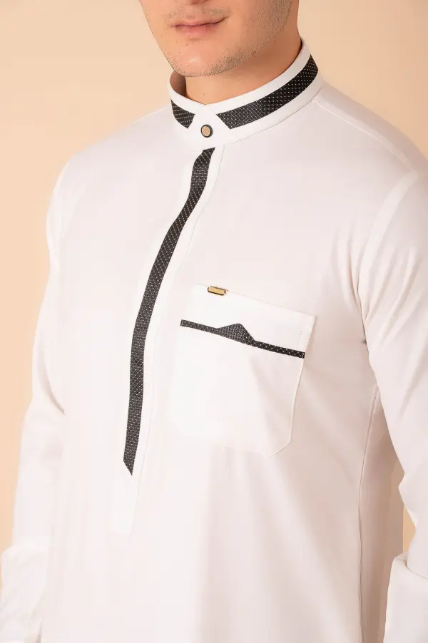 Luxury White Designer Thobe with Black Contrast Trim & Gold Detail - Image 4 - Ruby Online