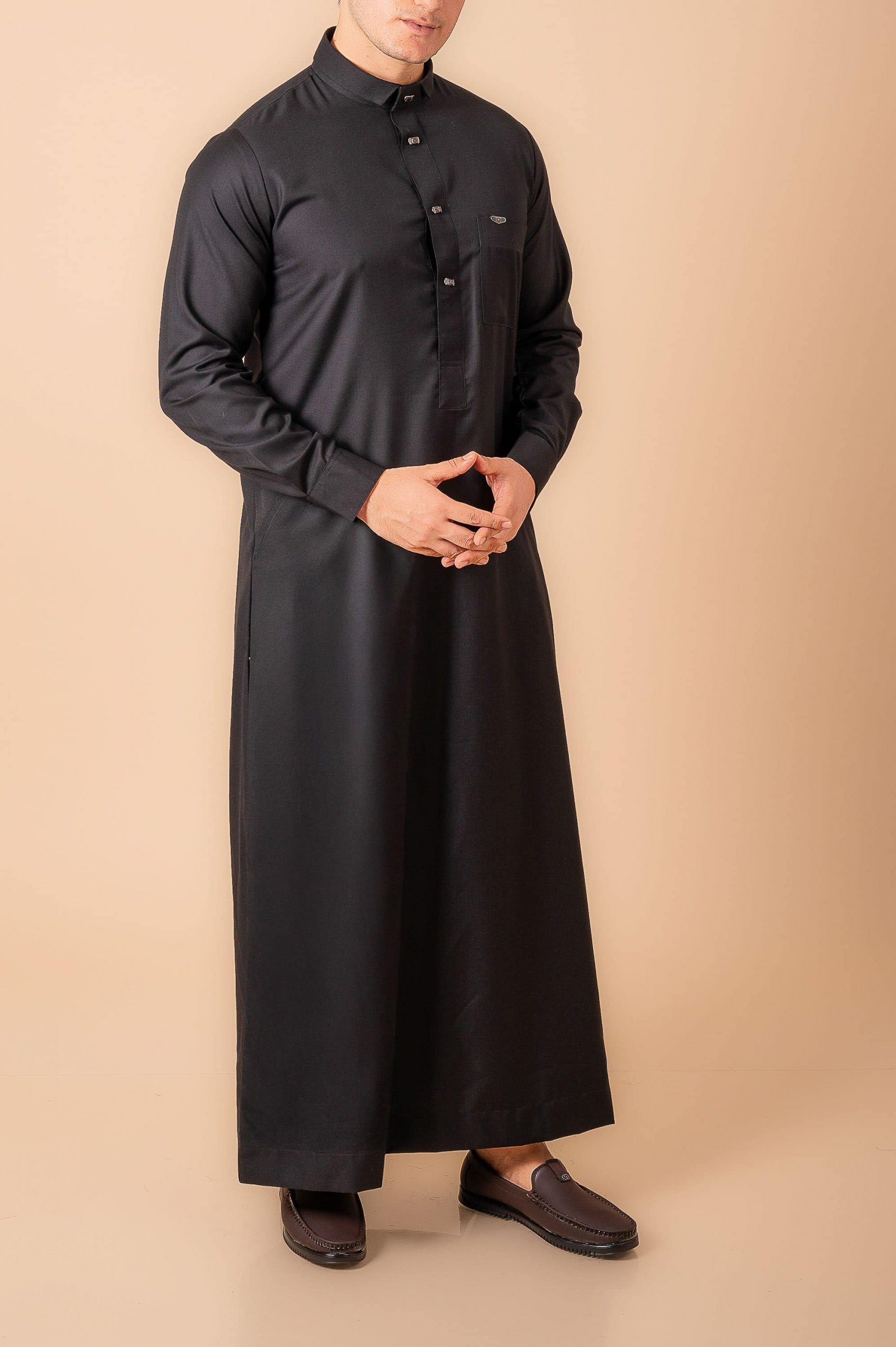 Luxury Deep Black Designer Thobe for Men with Gunmetal Button Placket & Modern Band Collar - Image 7 - Ruby Online