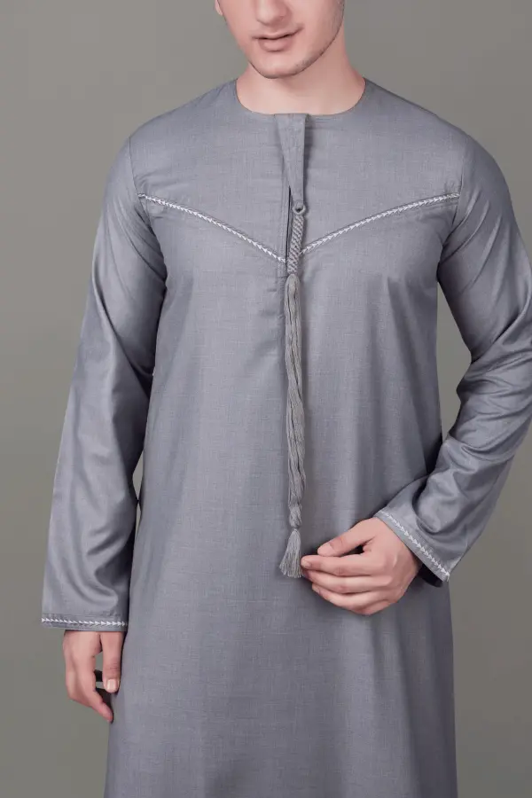 Premium Steel Grey Emirati Tassel Thobe with Silver Embroidered Detailing - Image 4 - Ruby Online