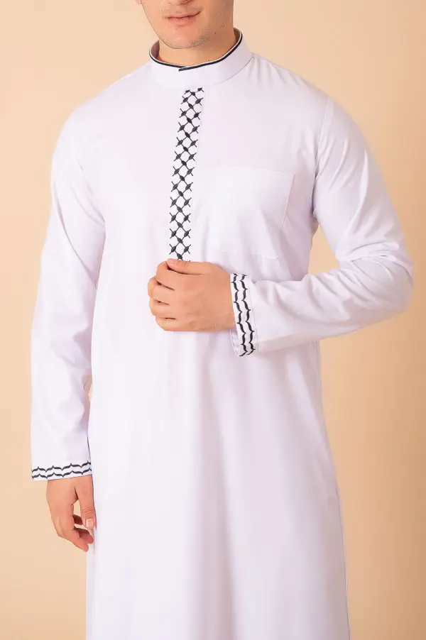 Men’s Classic White Thobe with Black Lattice Embroidery Strip & Contrast Cuff Trim - Image 5 - Ruby Online