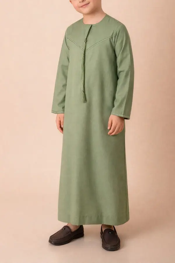 Premium Olive Green Emirati Kids Thobe with Braided V-Stitch & Tassel