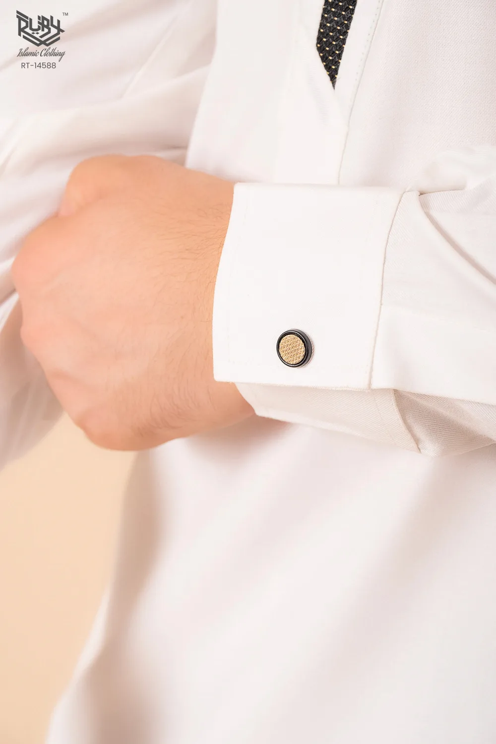 Luxury White Designer Thobe with Black Contrast Trim & Gold Detail - Image 5 - Ruby Online