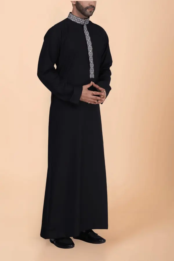 Black Thobe with Grey Geometric Embroidery Strip & Band Collar - Image 3 - Ruby Online