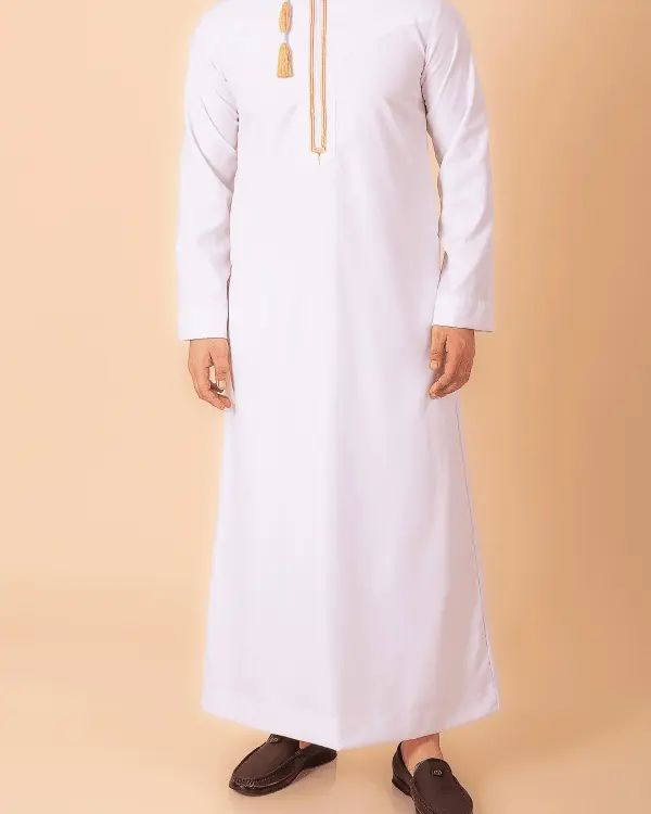 White Omani Thobe with Golden Embroidered Placket & Tassel - Image 2 - Ruby Online