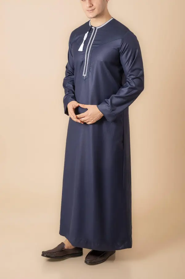 Navy Blue Omani Thobe with White Embroidered Placket & Tassel - Image 2 - Ruby Online