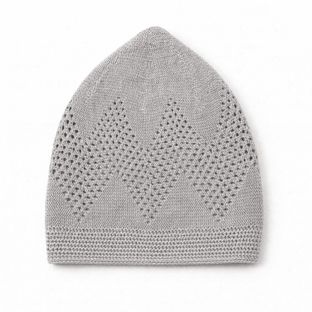 Premium Light Grey Knitted Kufi Prayer Cap for Men – Breathable Geometric Openwork Islamic Skull Cap - Image 3 - Ruby Online