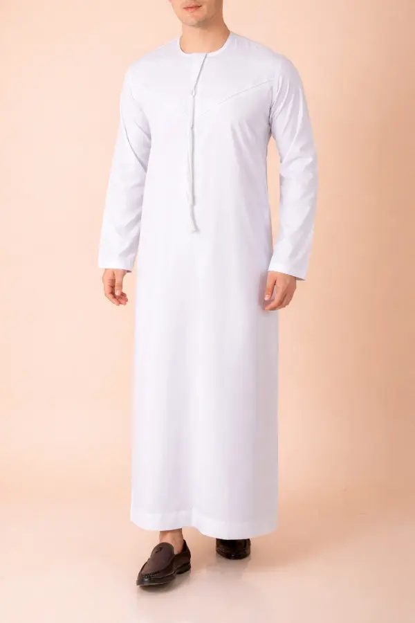 Premium Pure White Emirati Tassel Thobe with Tonal Embroidered Detailing