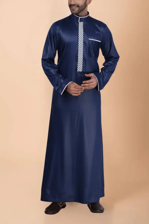 Navy Blue Thobe with White Geometric Embroidery Strip & Band Collar - Image 2 - Ruby Online