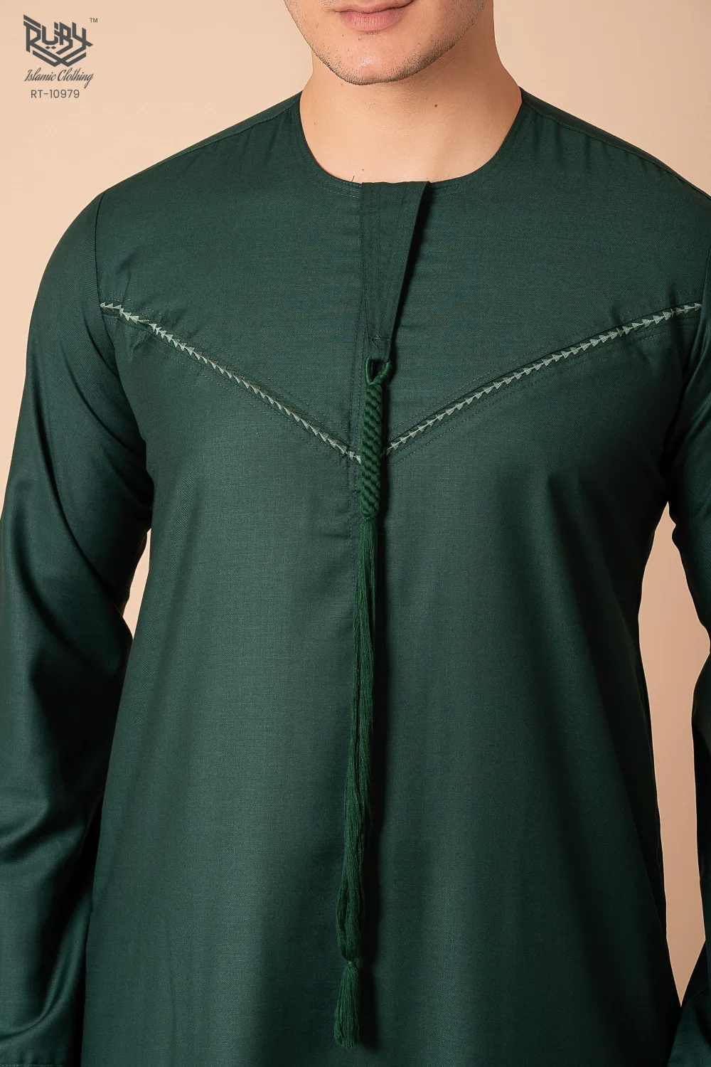 Premium Deep Emerald Green Emirati Tassel Thobe for Men – Light Sage Braided Front Kandura - Image 5 - Ruby Online