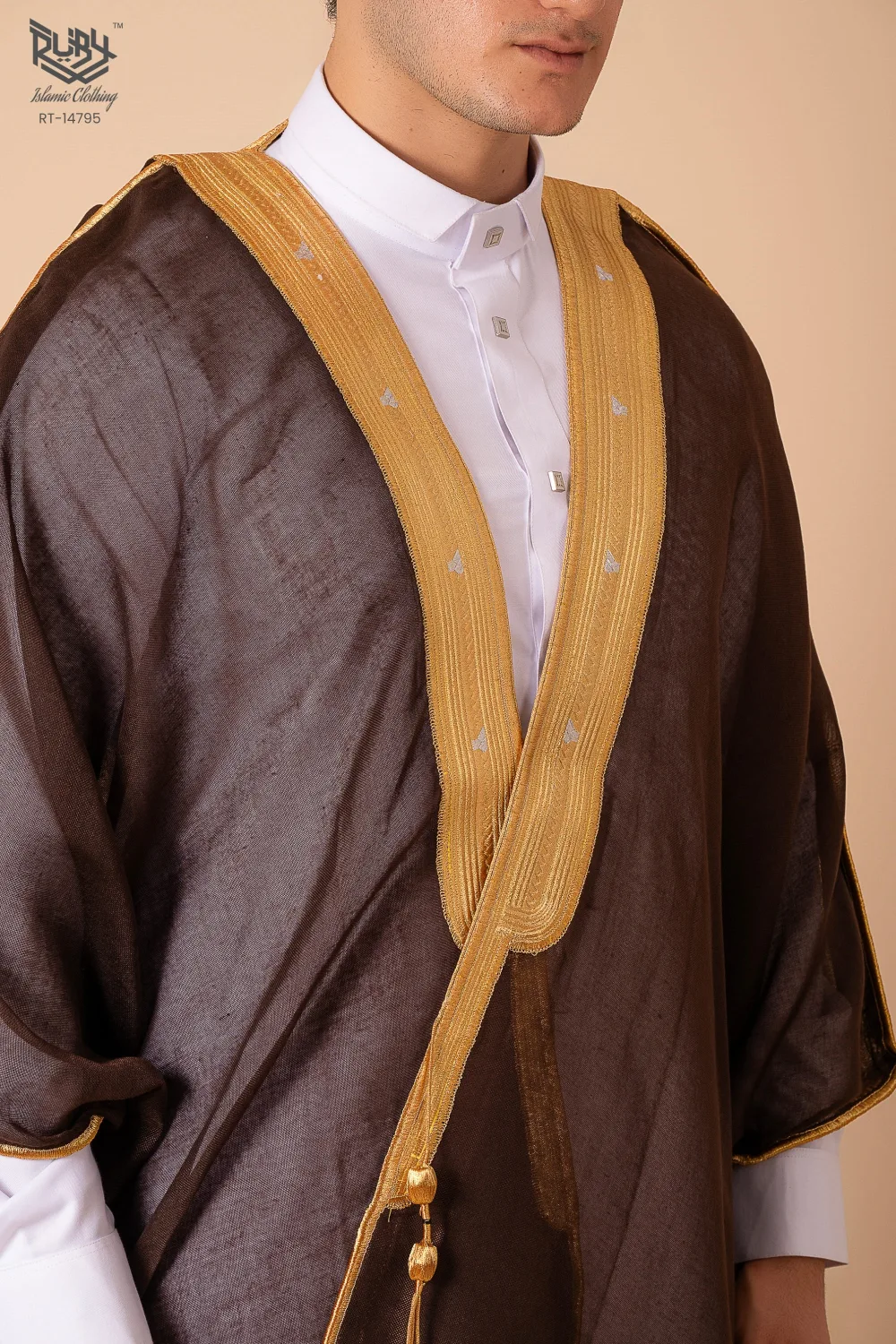 Regal Heritage Deep Brown Arabic Bisht for Men with Gold Zari Edge Embroidery – Premium Lightweight Open-Front Cloak - Image 4 - Ruby Online