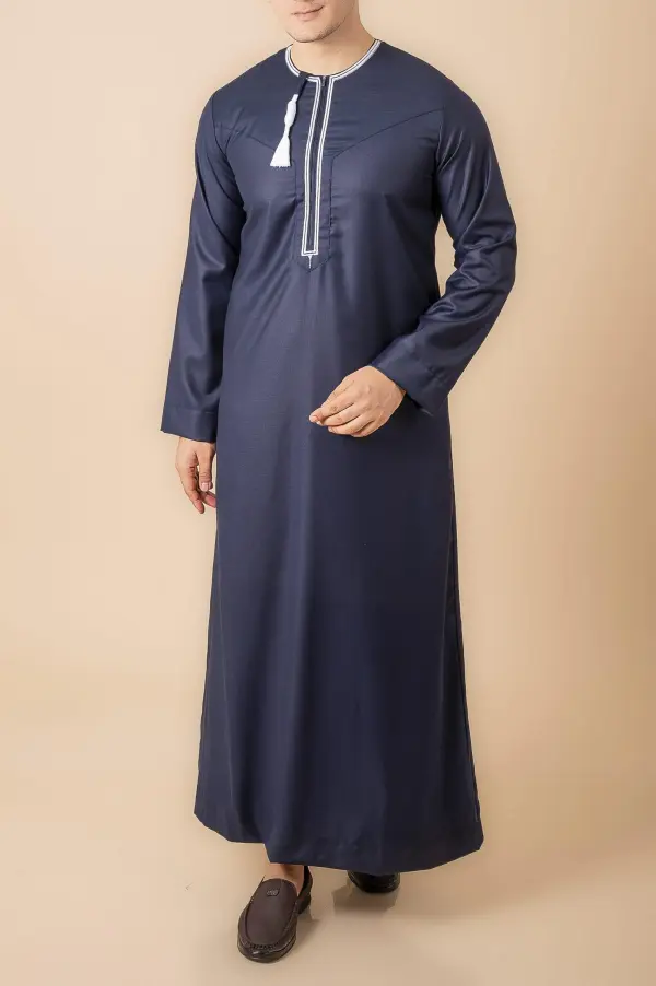 Navy Blue Omani Thobe with White Embroidered Placket & Tassel