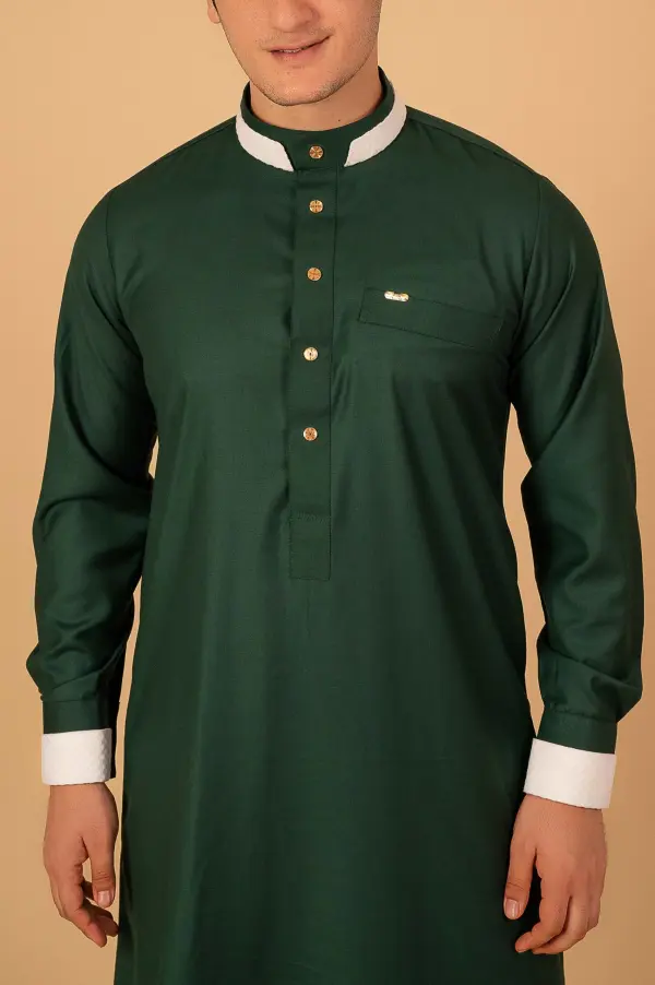 Premium Emerald Green Designer Thobe for Men with White Contrast Collar & Gold Button Detailing - Image 3 - Ruby Online
