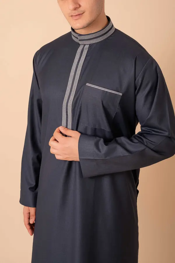 Premium Deep Charcoal Grey Emirati Designer Thobe with Striped Embroidered Placket - Image 4 - Ruby Online