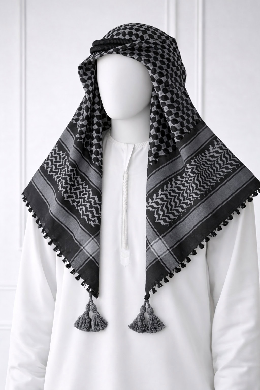 Premium Dark Grey Traditional Shemagh Scarf with Tassel Fringe - Image 3 - Ruby Online