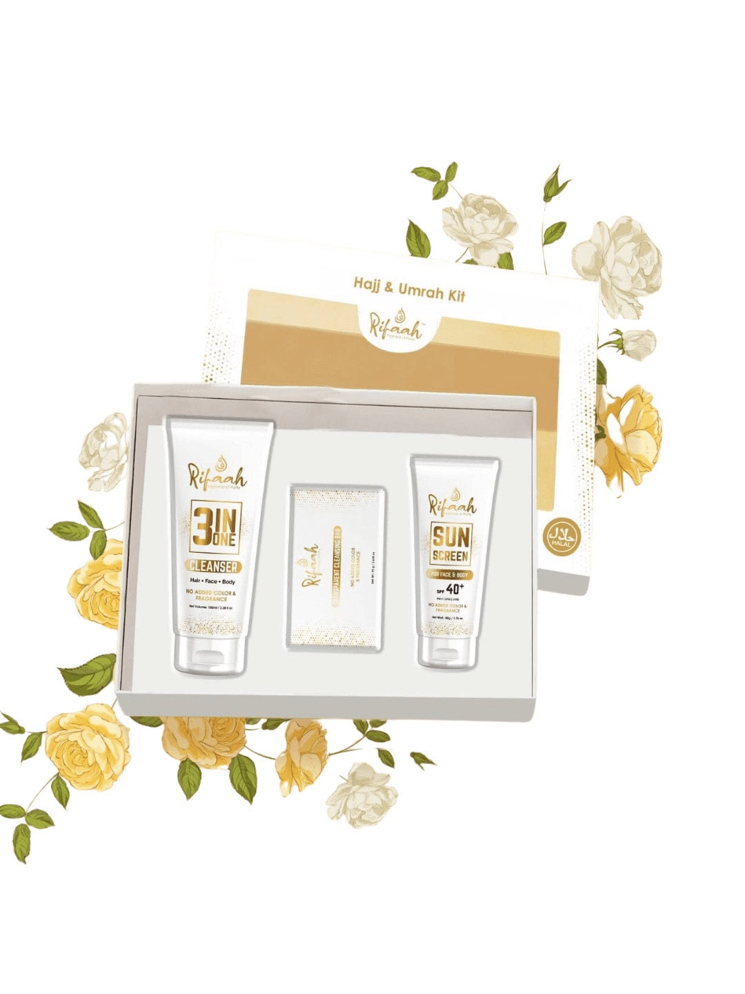 Rifaah Hajj & Umrah Travel Kit with 3-in-1 Cleanser, SPF 40+ Sunscreen & Transparent Cleansing Bar – White & Gold Halal Personal Care Set - Image 8 - Ruby Online