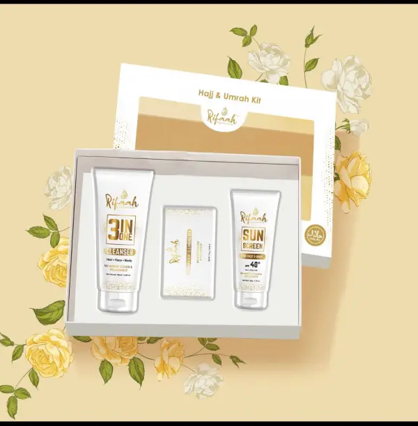 Rifaah Hajj & Umrah Travel Kit with 3-in-1 Cleanser, SPF 40+ Sunscreen & Transparent Cleansing Bar – White & Gold Halal Personal Care Set - Image 7 - Ruby Online