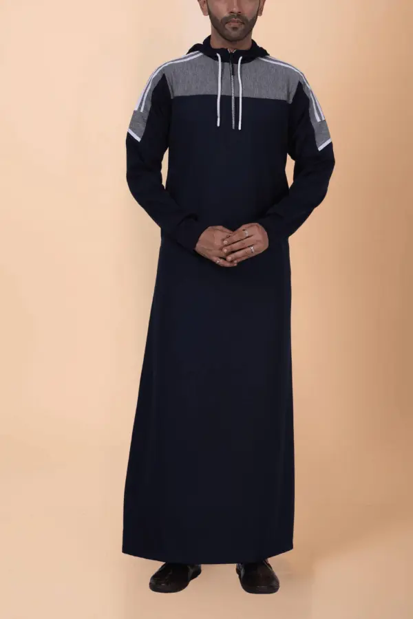 Men’s Navy Blue Hooded Thobe with Grey Panel & White Stripe Design