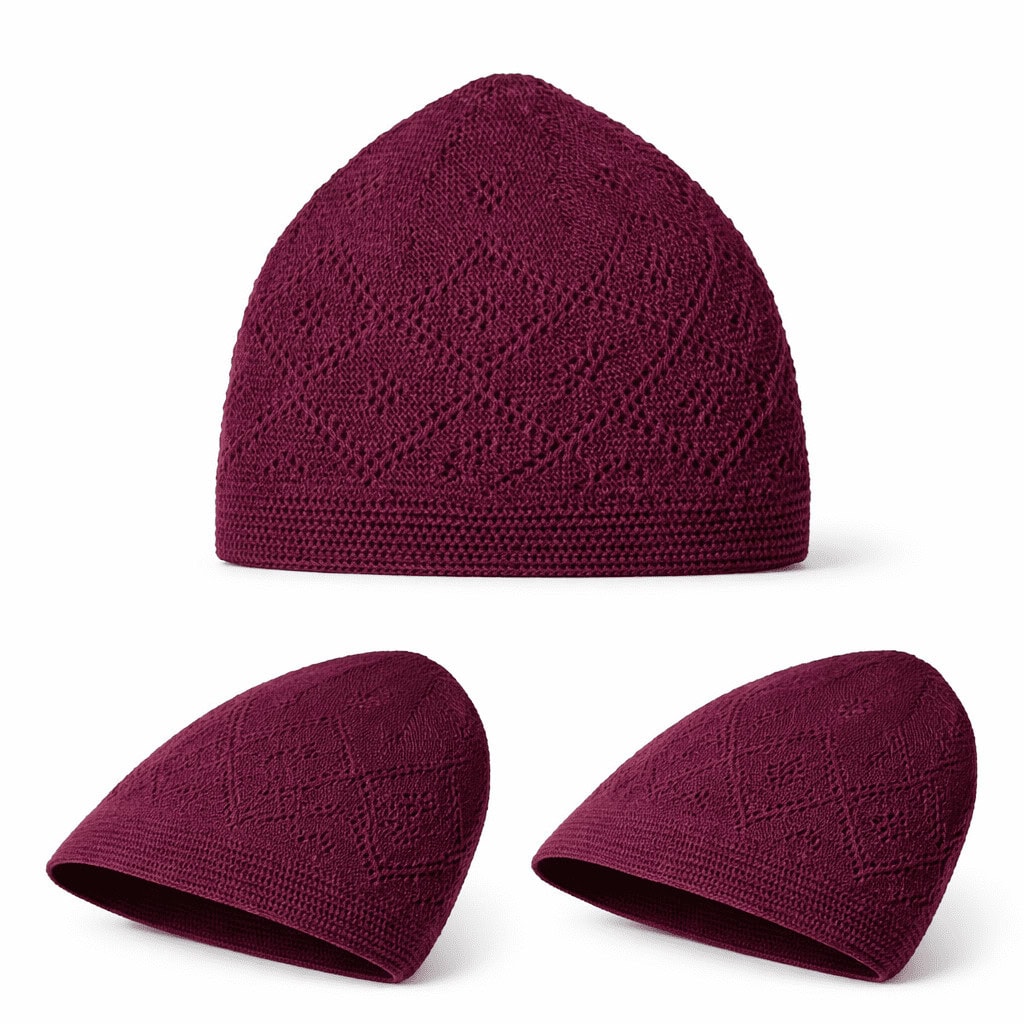 Premium Maroon Knitted Kufi Prayer Cap for Men – Breathable Diamond Openwork Islamic Skull Cap - Image 4 - Ruby Online