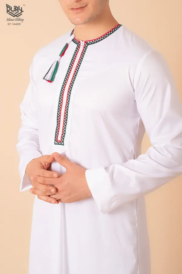 White Omani Thobe with Tricolor Embroidered Placket & Tassel - Image 5 - Ruby Online