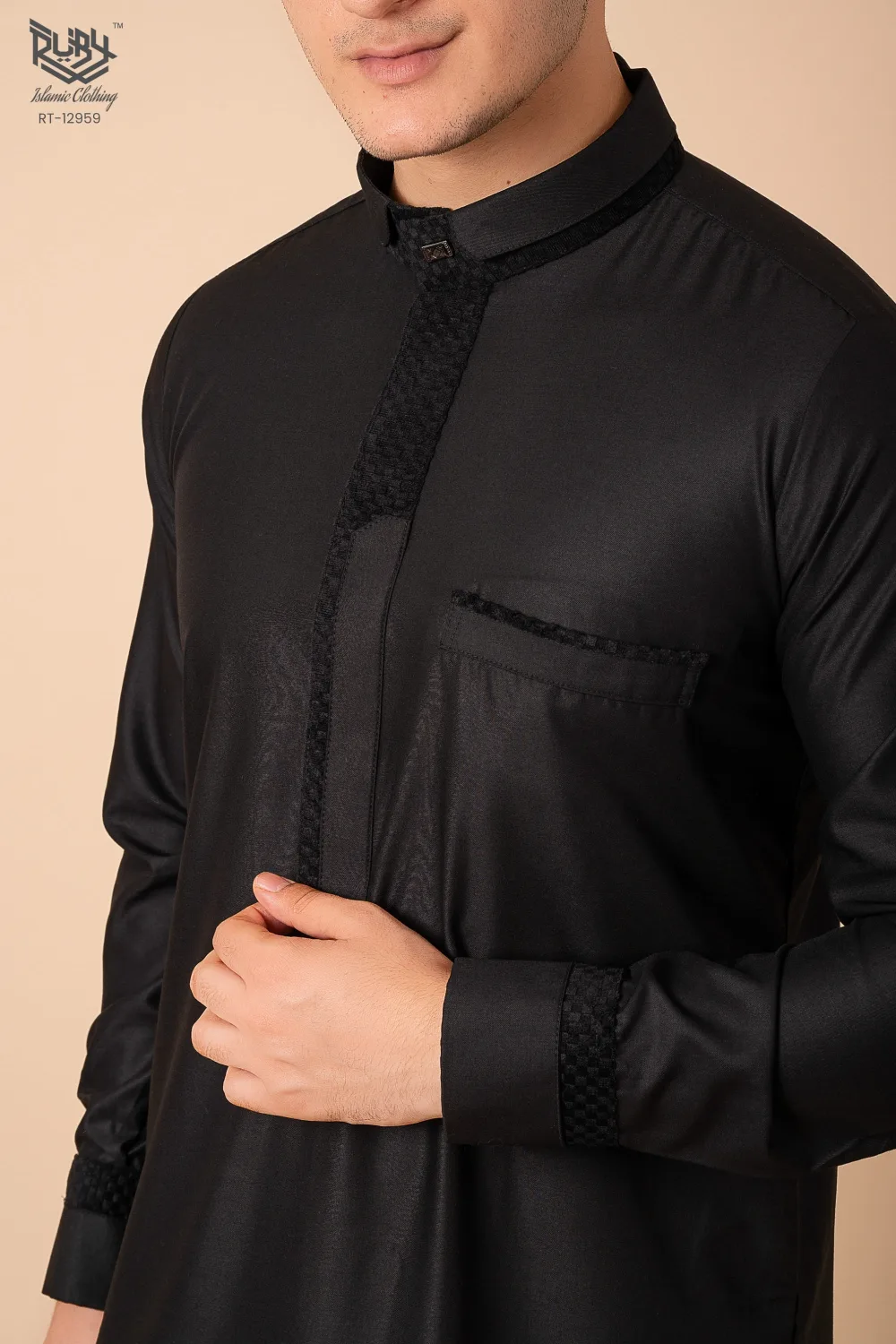 Premium Jet Black Designer Thobe for Men with Textured Trim Placket & Modern Band Collar - Image 4 - Ruby Online
