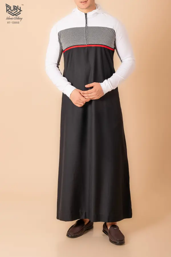 Men’s Black Hooded Thobe with White Sleeves & Red Stripe Panel