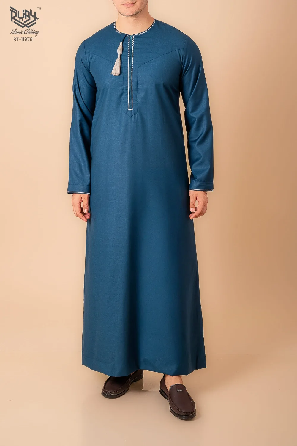 Teal Blue Omani Thobe with White Geometric Embroidery & Tassel - Image 2 - Ruby Online