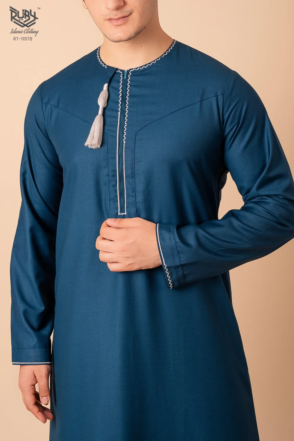 Teal Blue Omani Thobe with White Geometric Embroidery & Tassel - Image 5 - Ruby Online