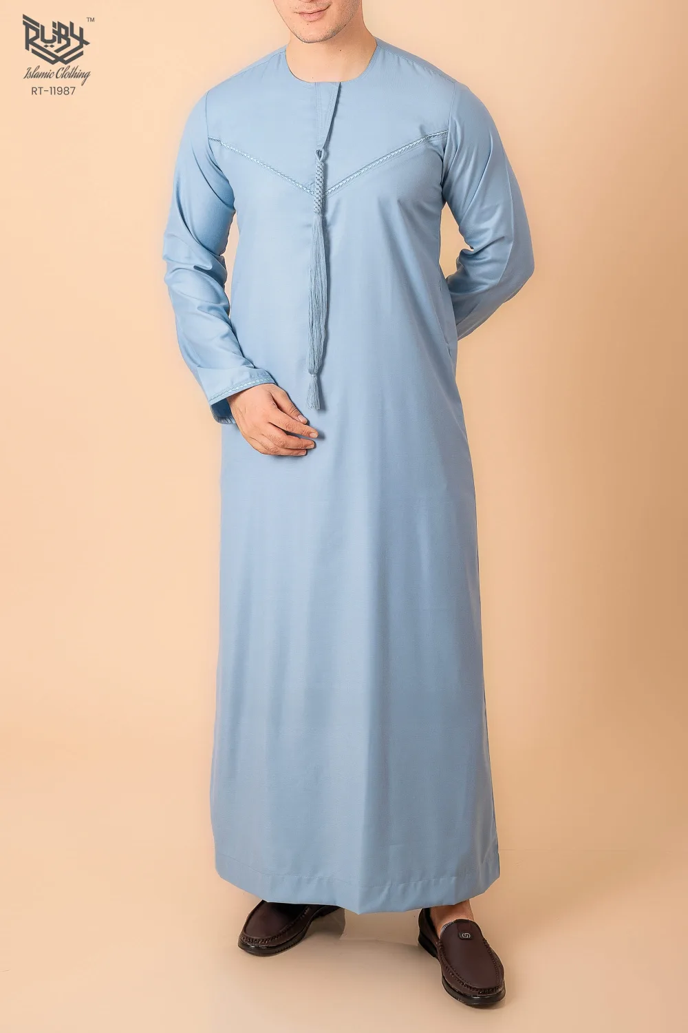 Premium Light Blue Emirati Tassel Thobe for Men – Elegant Braided Front Kandura Style - Image 2 - Ruby Online