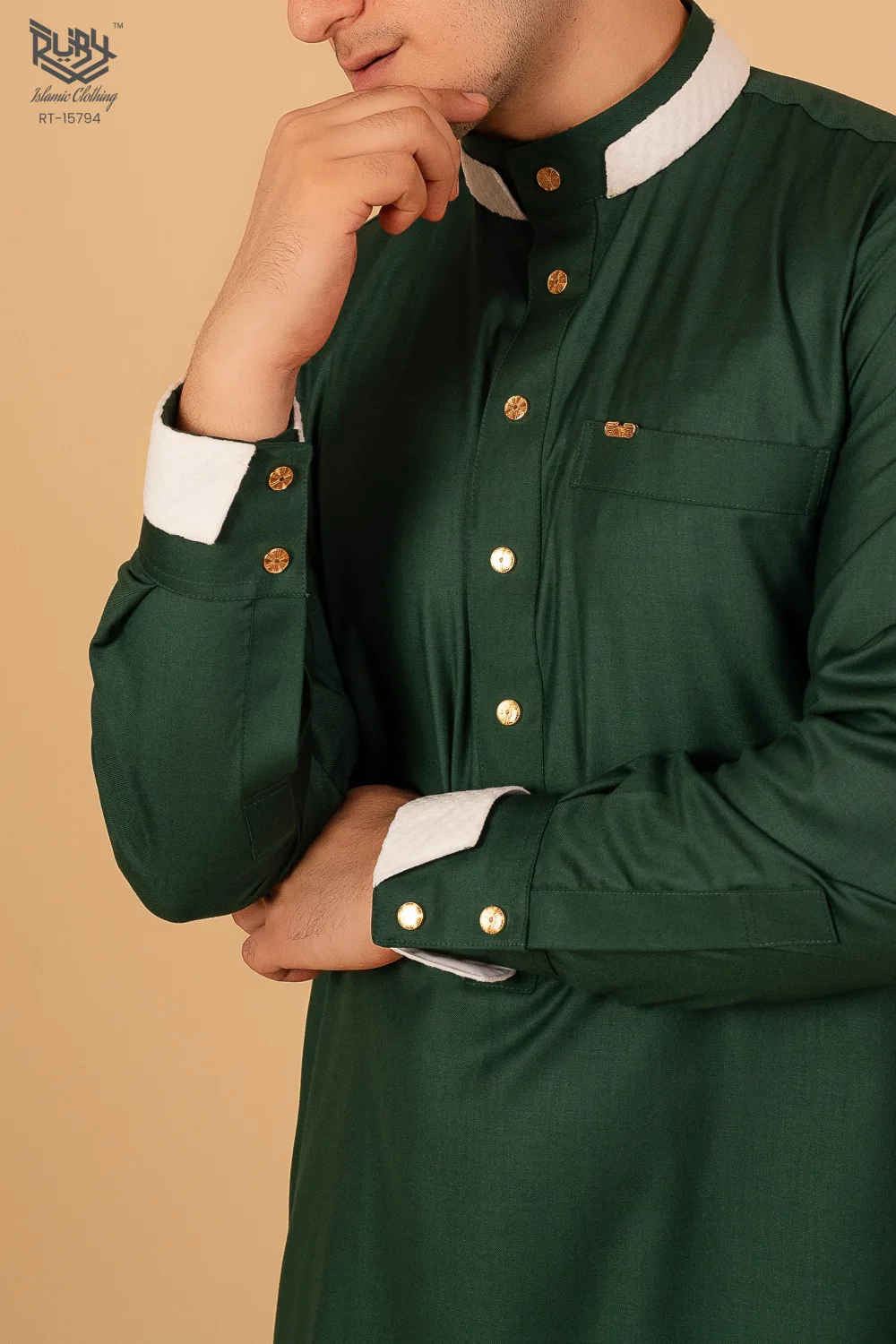 Premium Emerald Green Designer Thobe for Men with White Contrast Collar & Gold Button Detailing - Image 5 - Ruby Online