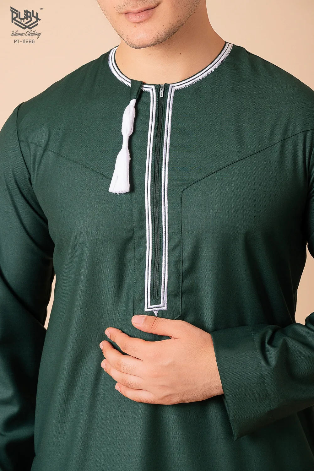 Dark Green Omani Thobe with White Geometric Embroidery & Tassel - Image 4 - Ruby Online