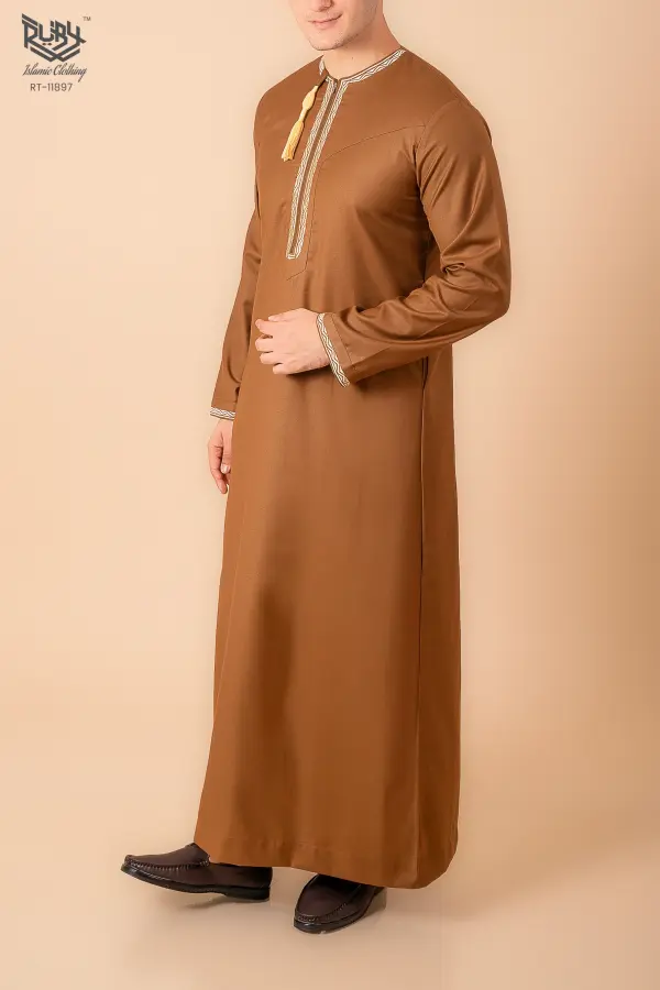 Coffee Brown Omani Thobe with Beige Geometric Embroidery & Tassel - Image 3 - Ruby Online